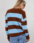 Fuzzy knit striped sweater. Crewneck. Long sleeves. Unlined. blue and brown striped sweater. fall top. fall sweater. fall outfit.