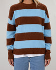 Fuzzy knit striped sweater. Crewneck. Long sleeves. Unlined. blue and brown striped sweater. fall top. fall sweater. fall outfit.