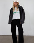 Ribbed knit pants. Elastic waistband. Side pockets. Unlined. black lounge pant