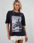 Graphic printed knit tee. Crewneck. Short sleeves. Unlined.