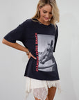 Graphic printed knit tee. Crewneck. Short sleeves. Unlined.