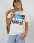 Graphic printed knit tee. Crewneck. Short sleeves. Unlined. david bowie graphic tee.