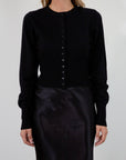Black knit cardigan. Long sleeves. Front button down closure. Banded hems. Unlined. fall top. fall outfit. holiday outfit.