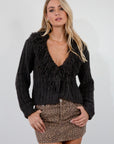 Fuzzy crochet knit crop sweater. Fringe trim v-neckline. Front button closure. Unlined. fall sweater. cute fall sweater. grey sweater