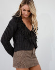 Fuzzy crochet knit crop sweater. Fringe trim v-neckline. Front button closure. Unlined. fall sweater. cute fall sweater. grey sweater