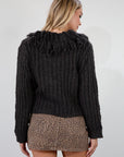 Fuzzy crochet knit crop sweater. Fringe trim v-neckline. Front button closure. Unlined. fall sweater. cute fall sweater. grey sweater