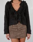 Fuzzy crochet knit crop sweater. Fringe trim v-neckline. Front button closure. Unlined. fall sweater. cute fall sweater. grey sweater