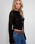 black Crochet knit cardigan. Long sleeves. Front button down closures. Unlined. fall top. fall outfit.