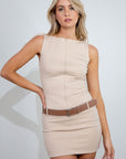 Knit sleeveless dress. Front zipper closure. Belt loops on waist. Adjustable/removable vegan leather belt. Fully lined. mini dress