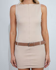 Knit sleeveless dress. Front zipper closure. Belt loops on waist. Adjustable/removable vegan leather belt. Fully lined. mini dress