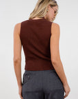 Ribbed knit sleeveless top. V-neckline. Front button down closure. Unlined. Neck tie. brown vest top. top with scarf. fall top.