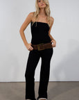 Fuzzy knit jumpsuit. Strapless elastic neckline. Unlined. black jumpsuit. fall outfit. fall jumpsuit.