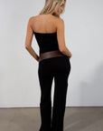 Fuzzy knit jumpsuit. Strapless elastic neckline. Unlined. black jumpsuit. fall outfit. fall jumpsuit.