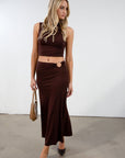 fall set. mock neck top. midi skirt. brown skirt set. fall vacation.