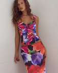 Printed satin bustier top. Fixed straps. Underwire cups. Boning in bodice. Exposed back zipper closure. Fully lined. Floral bustier top. floral dress set