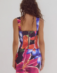 Printed satin bustier top. Fixed straps. Underwire cups. Boning in bodice. Exposed back zipper closure. Fully lined. Floral bustier top. floral dress set