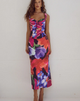 Printed satin bustier top. Fixed straps. Underwire cups. Boning in bodice. Exposed back zipper closure. Fully lined. Floral bustier top. floral dress set