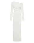 Ribbed knit maxi dress. Long sleeves. Ruched sides. Unlined. White dress. Asymmetrical shoulder. Off the shoulder dress. Engagement party dress. Bridal party dress
