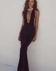 Knit maxi dress. Halter neckline. Back tie closure. Elastic back. Fully lined. Open back dress. Deep v dress. Black dress. Guest wedding dress.