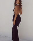 Knit maxi dress. Halter neckline. Back tie closure. Elastic back. Fully lined. Open back dress. Deep v dress. Black dress. Guest wedding dress.