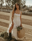 Woven maxi dress. Elastic straps. Faux front tie and button down closures. Tiered skirt. Elastic smocked back panel. Fully lined. white maxi dress