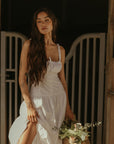 Woven maxi dress. Elastic straps. Faux front tie and button down closures. Tiered skirt. Elastic smocked back panel. Fully lined. white maxi dress