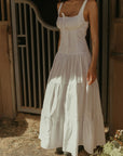 Woven maxi dress. Elastic straps. Faux front tie and button down closures. Tiered skirt. Elastic smocked back panel. Fully lined. white maxi dress