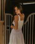 Woven maxi dress. Elastic straps. Faux front tie and button down closures. Tiered skirt. Elastic smocked back panel. Fully lined. white maxi dress