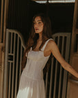 Woven maxi dress. Elastic straps. Faux front tie and button down closures. Tiered skirt. Elastic smocked back panel. Fully lined. white maxi dress