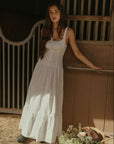 Woven maxi dress. Elastic straps. Faux front tie and button down closures. Tiered skirt. Elastic smocked back panel. Fully lined. white maxi dress