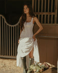 Woven maxi dress. Elastic straps. Faux front tie and button down closures. Tiered skirt. Elastic smocked back panel. Fully lined. white maxi dress
