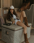 Denim jacket. Collar neckline. Long sleeves. Front zipper closure. Front pockets. Elastic sides. Fully lined. barn jacket. beige barn jacket. ranch shoot