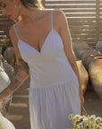 Striped woven maxi dress. Adjustable straps. Elastic smocked back. Back hook and eye and zipper closures. Unlined. European summer. European summer dress. European summer aesthetic. Tuscany outfit inso. Tuscany aesthetic. Summer dress. blue and white striped maxi dress. striped maxi dress. summer outfit. everyday dress. vacation dress. outfit to wear to tuscany. nice dinner dress. dinner dress. day dress.