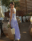 Striped woven maxi dress. Adjustable straps. Elastic smocked back. Back hook and eye and zipper closures. Unlined. European summer. European summer dress. European summer aesthetic. Tuscany outfit inso. Tuscany aesthetic. Summer dress. blue and white striped maxi dress. striped maxi dress. summer outfit. everyday dress. vacation dress. outfit to wear to tuscany. nice dinner dress. dinner dress. day dress.