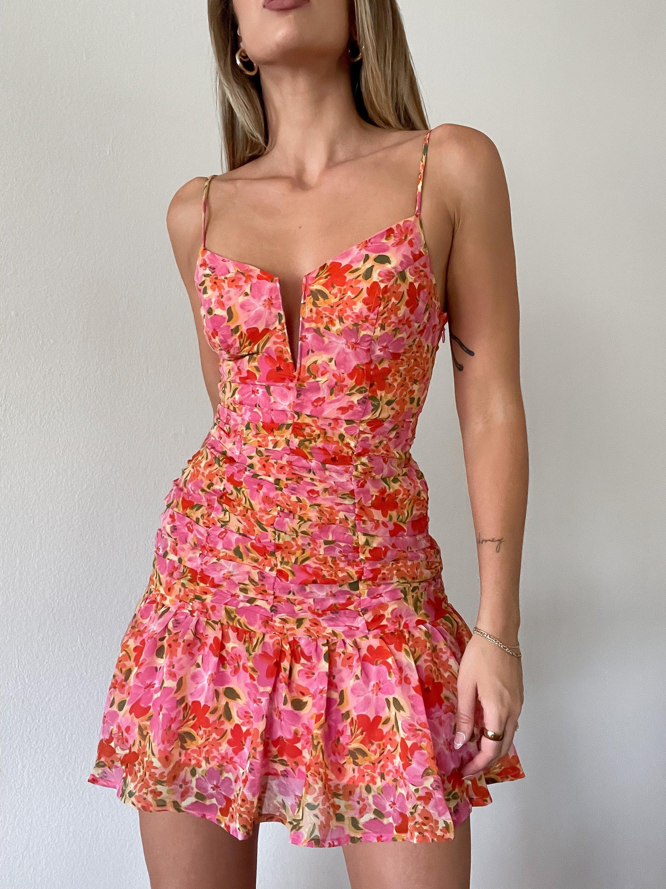 astr the label floral ruched dress Julietta Floral Corset Midi Dress