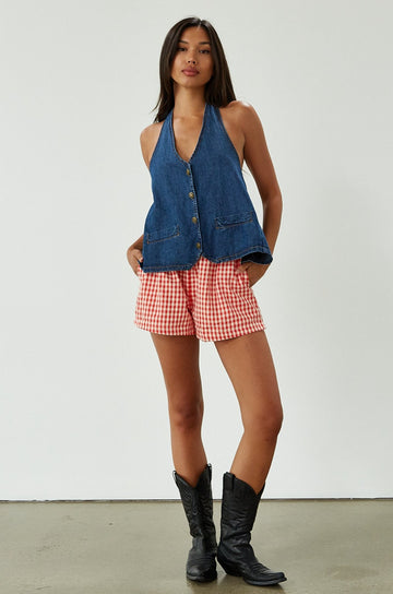 Gingham woven shorts. Elastic waistband. Side and back pockets. Fully lined. red gingham shorts. summer shorts. red boxer shorts. red gingham boxer shorts. cute casual outfit. cute lounge shorts