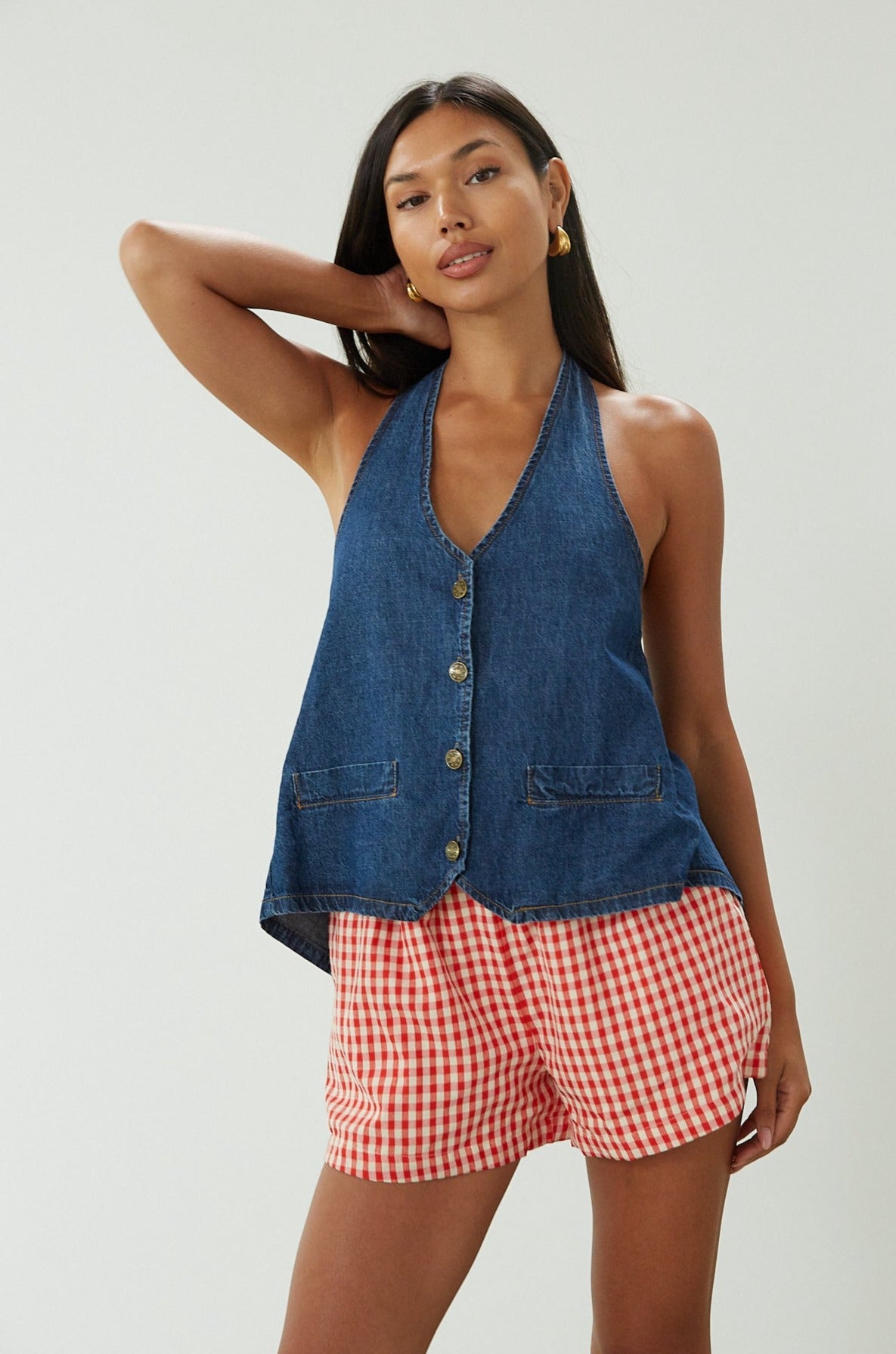 Gingham woven shorts. Elastic waistband. Side and back pockets. Fully lined. red gingham shorts. summer shorts. red boxer shorts. red gingham boxer shorts. cute casual outfit. cute lounge shorts