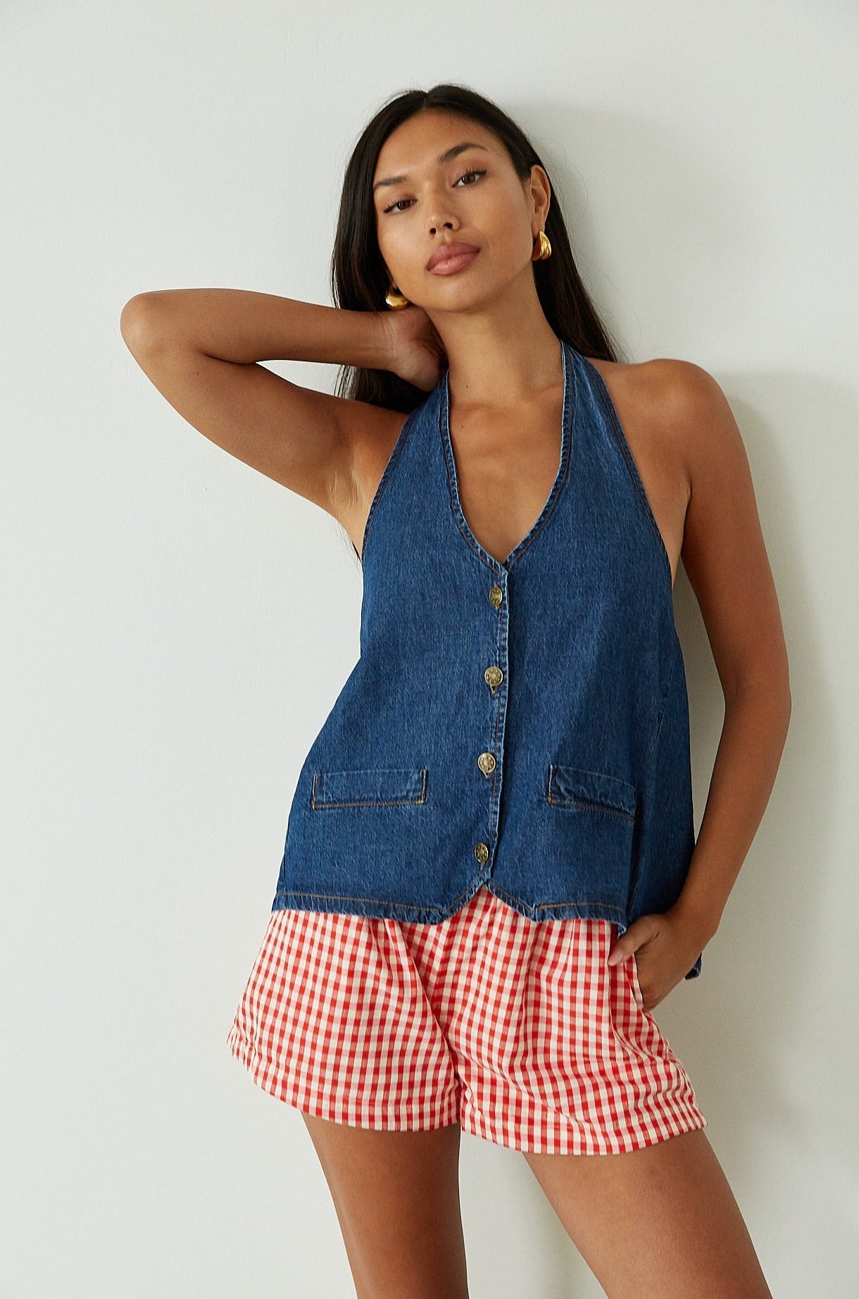 Gingham woven shorts. Elastic waistband. Side and back pockets. Fully lined. red gingham shorts. summer shorts. red boxer shorts. red gingham boxer shorts. cute casual outfit. cute lounge shorts