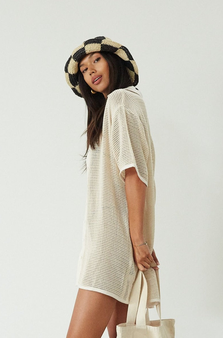 crochet net oversized shit. cream oversized shirt. pool cover up. beach cover up. tan oversized shirt