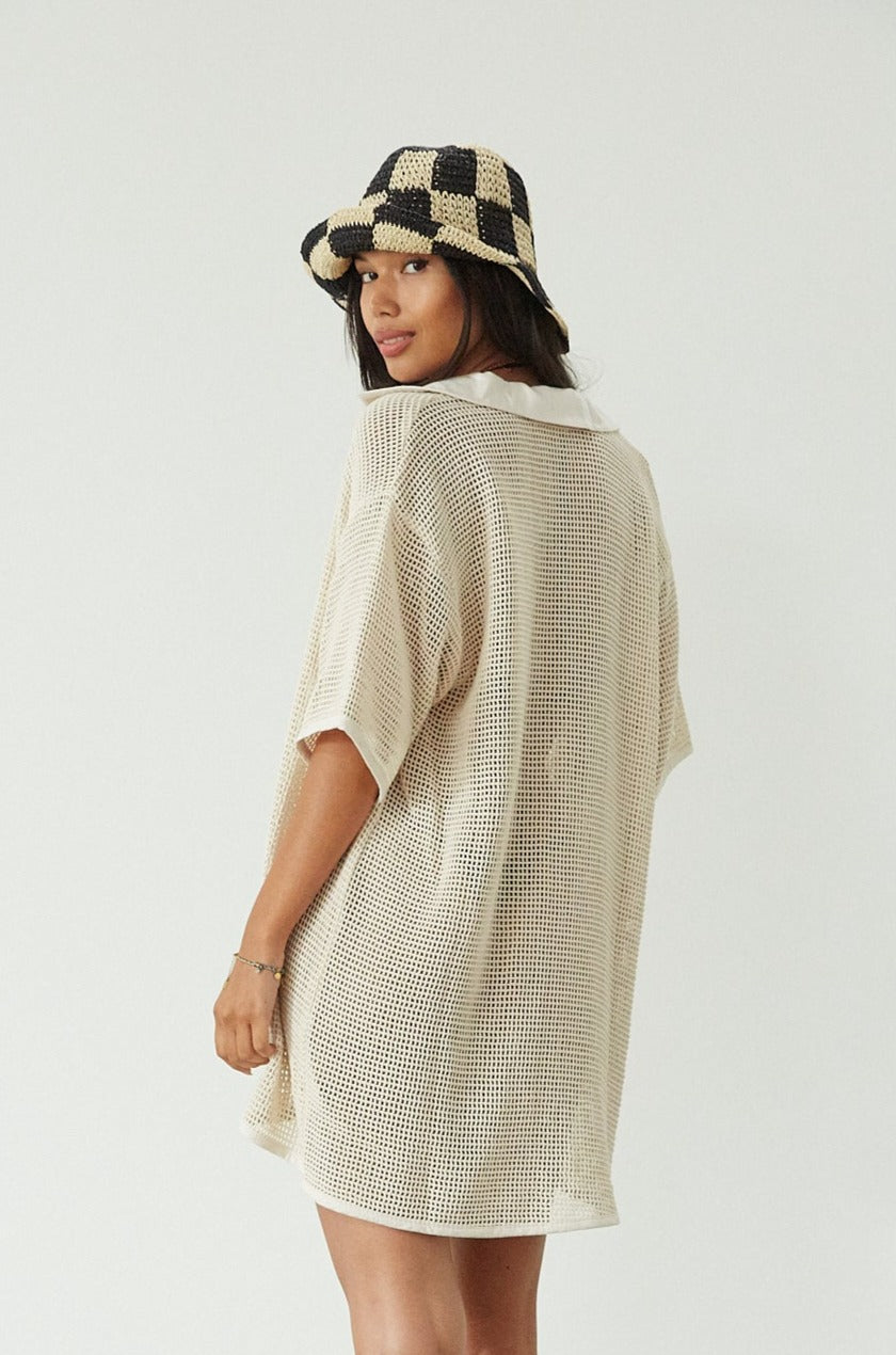 crochet net oversized shit. cream oversized shirt. pool cover up. beach cover up. tan oversized shirt