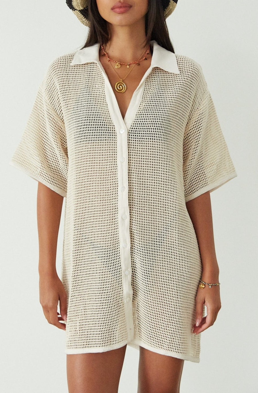 crochet net oversized shit. cream oversized shirt. pool cover up. beach cover up. tan oversized shirt