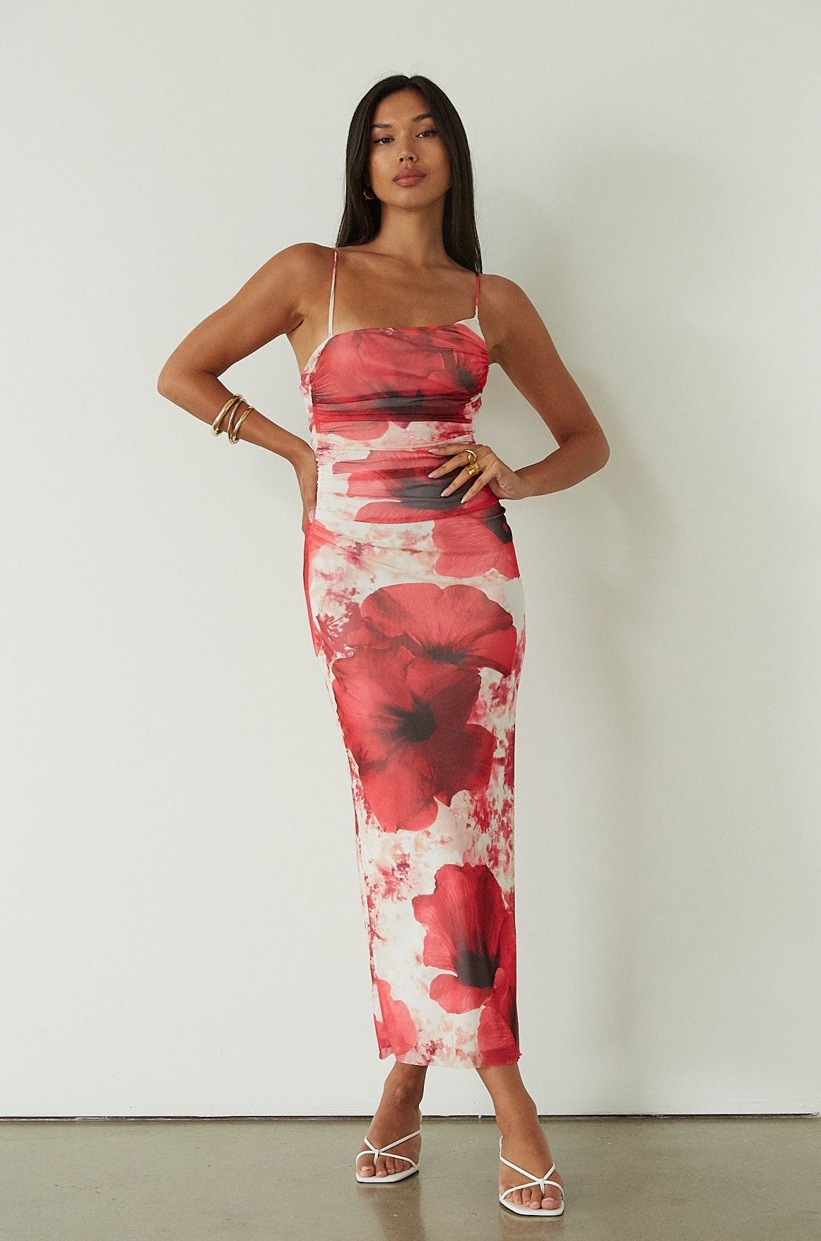 Printed knit mesh maxi dress. Adjustable straps. Ruched sides. Side slit. Fully lined.  floral maxi dress. guest wedding dress. evening dress. asymmetrical neckline dress 