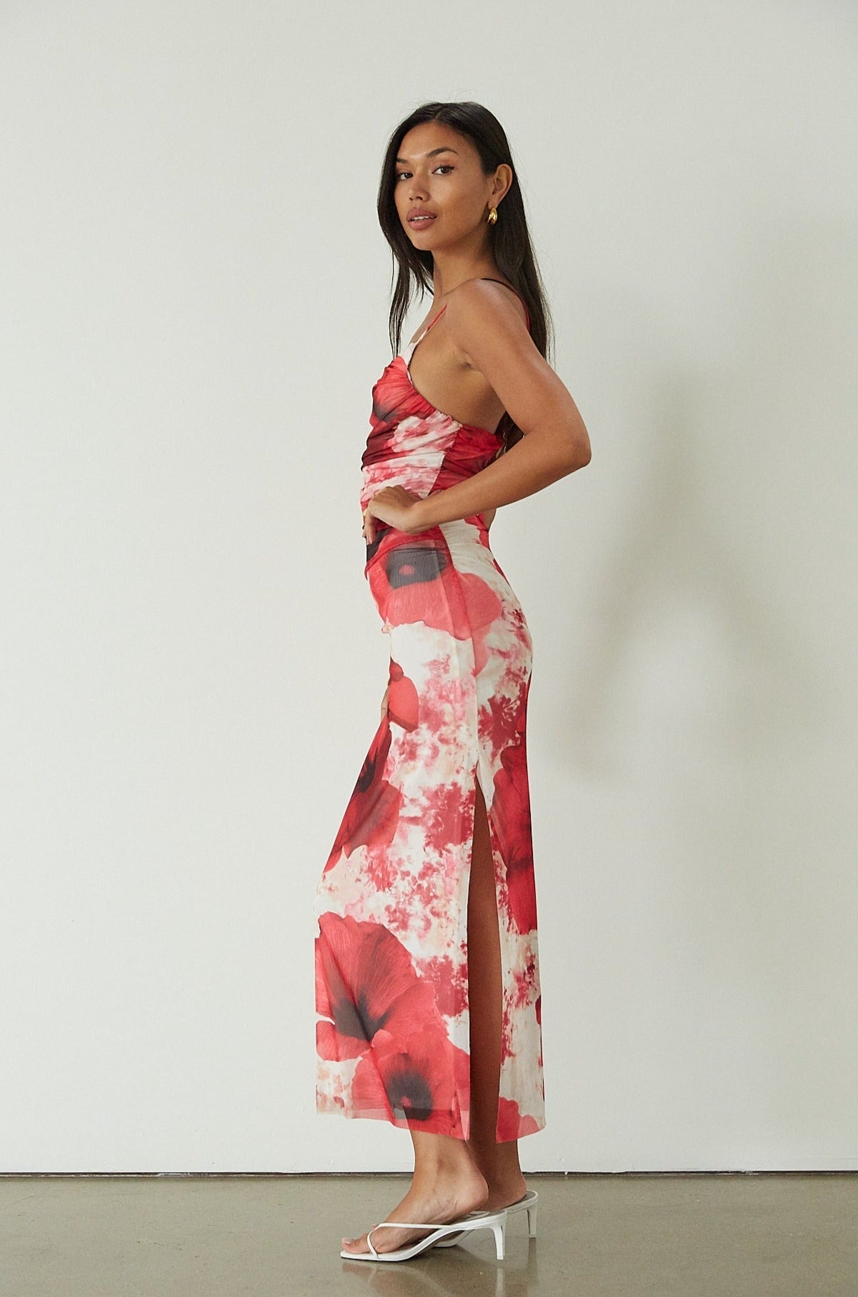 Printed knit mesh maxi dress. Adjustable straps. Ruched sides. Side slit. Fully lined.  floral maxi dress. guest wedding dress. evening dress. asymmetrical neckline dress