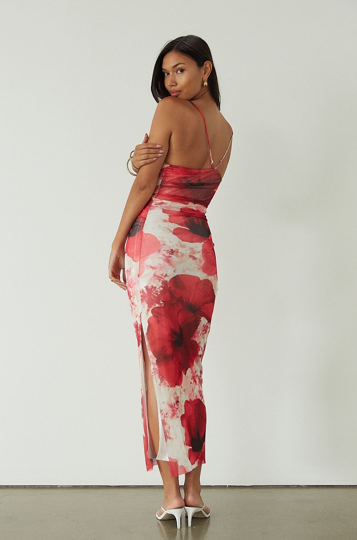 Printed knit mesh maxi dress. Adjustable straps. Ruched sides. Side slit. Fully lined.  floral maxi dress. guest wedding dress. evening dress. asymmetrical neckline dress