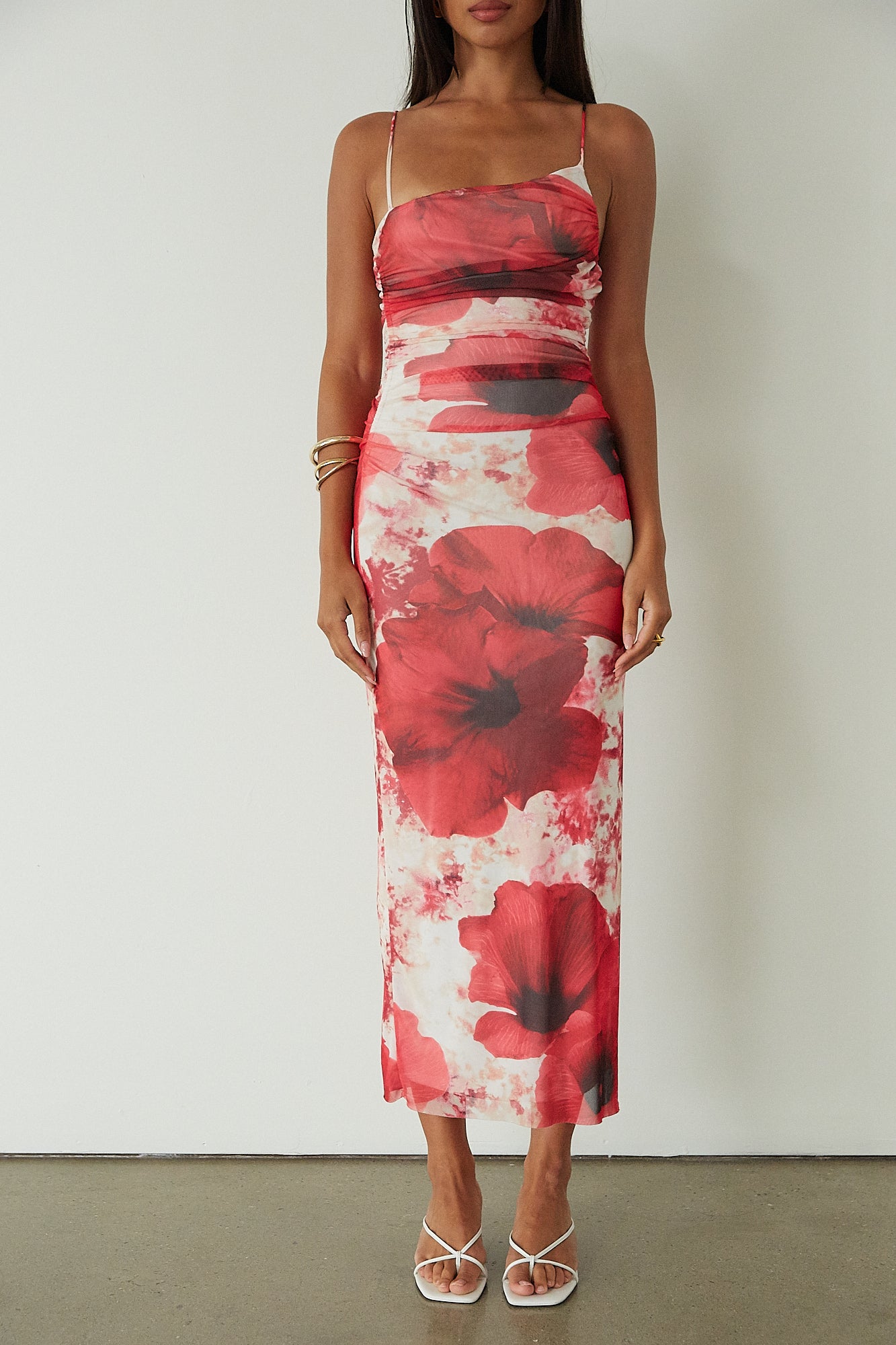 Printed knit mesh maxi dress. Adjustable straps. Ruched sides. Side slit. Fully lined.  floral maxi dress. guest wedding dress. evening dress. asymmetrical neckline dress