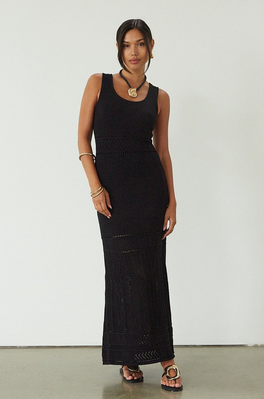 Crochet knit sleeveless maxi dress. Partially lined. black maxi dress. black crochet maxi dress. summer dress. evening dress. nice dinner dress