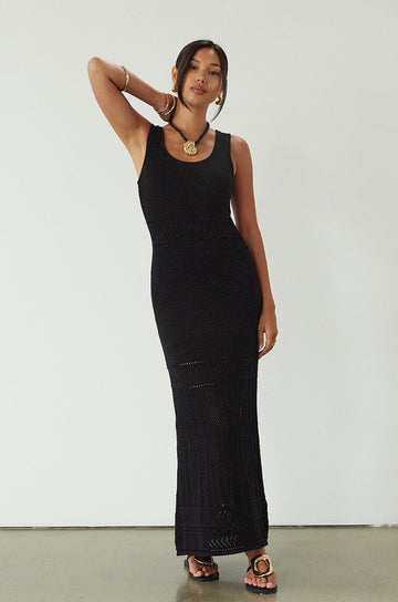 Crochet knit sleeveless maxi dress. Partially lined. black maxi dress. black crochet maxi dress. summer dress. evening dress. nice dinner dress
