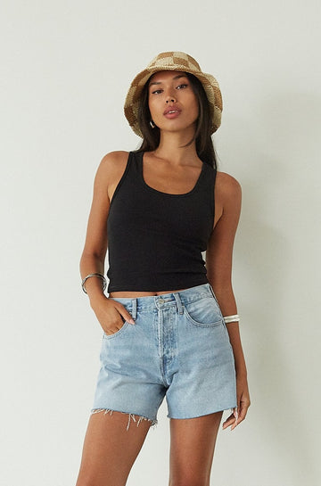 Relax fit mid-length denim shorts. Button fly. Five pocket construction. Raw hem. Unlined. denim shorts. light wash denim shorts. medium wash denim shorts