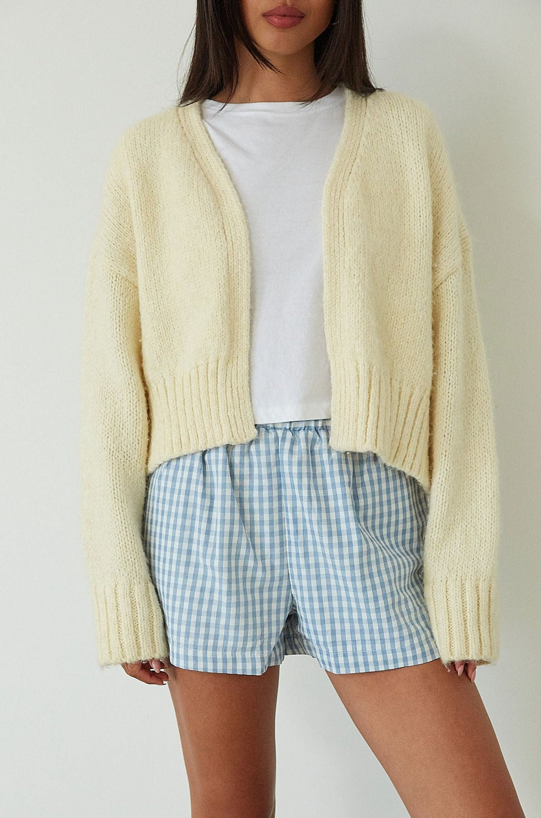 Gingham woven shorts. Elastic waistband. Side and back pockets. Fully lined. blue and white shorts. blue and white gingham shorts. blue and white boxer shorts. gingham checked boxer shorts. summer shorts. cute casual. lounge shorts