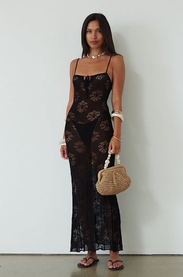 Open knit crochet maxi dress. Adjustable drawstring straps. Unlined/sheer. black maxi dress. black knit maxi dress. beach dress. beach dress cover up. beach cover up. mexico vacation outfit. mexico outfit. fancy dinner outfit